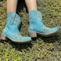 2025 Womens Shorty Embroidered Closed Toe Casual Western Boots Ankle Low Heel,Short Cowboy Cowgirl Boots for Women