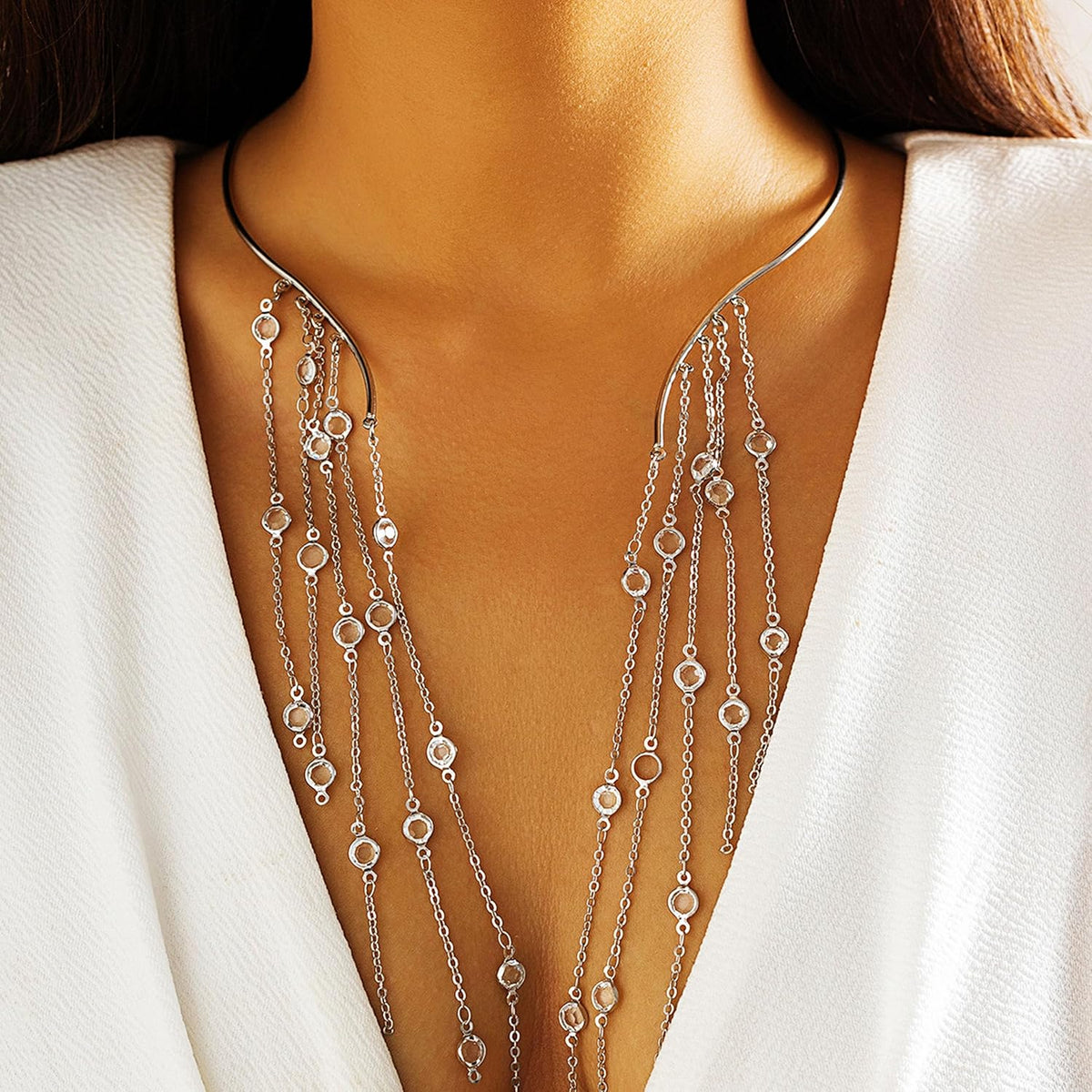 Cuff Necklace with Rhinestone Charm Round Open Cuff Necklace Collar Statement Necklaces for Women